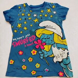 Kids The Smurfs Blue Graphic T Shirt Size 6 Smurfette Heart Stars Flowers